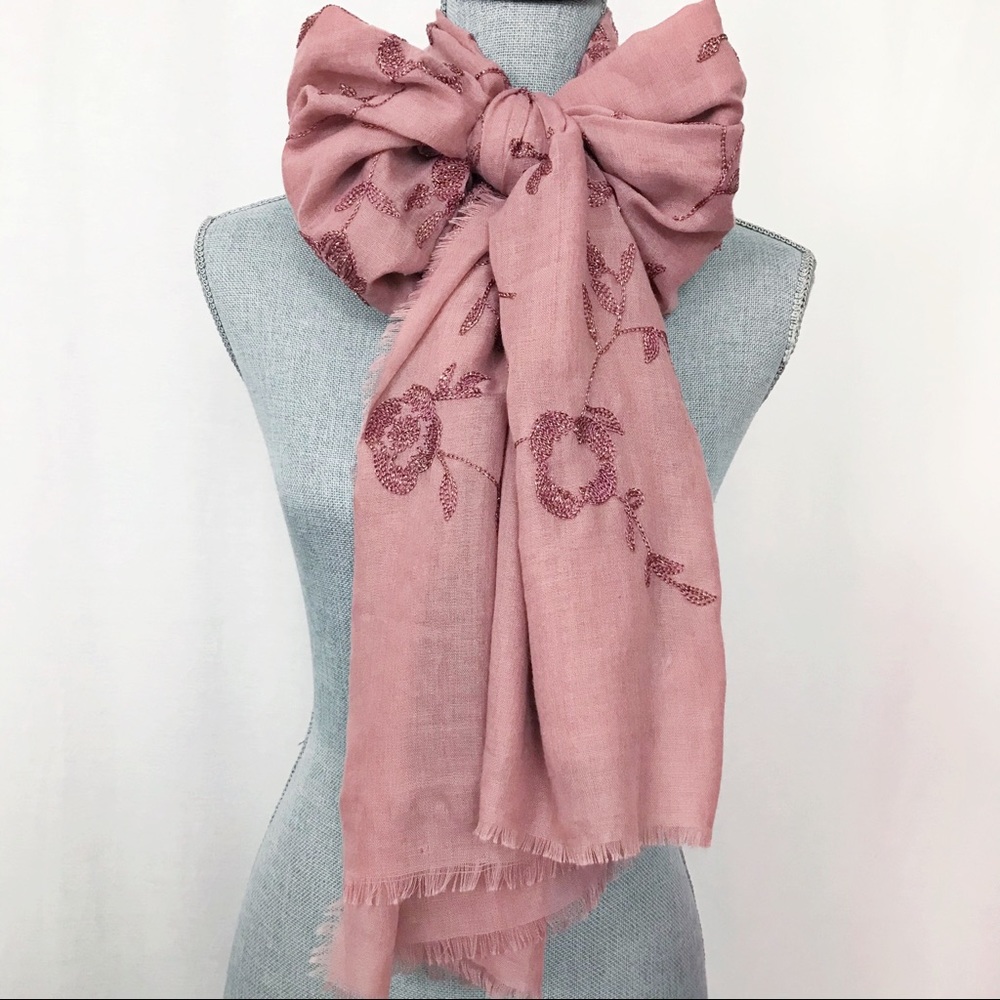 Landry Pink Floral Embroidered Frayed Hem Scrarf